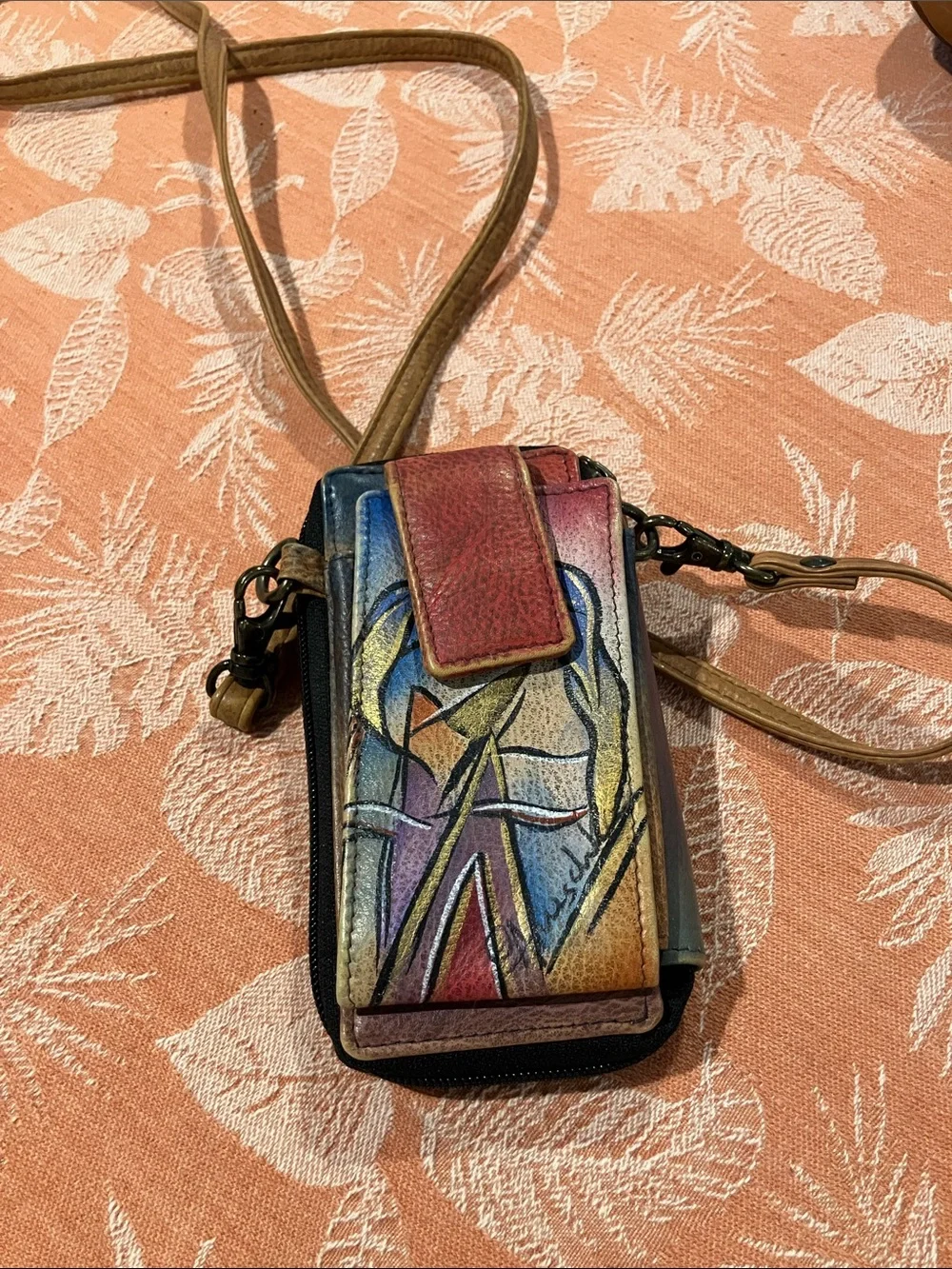 Anuschka Multicolor Hand-Painted Leather Crossbody Pouch in Red, Blue, Yellow